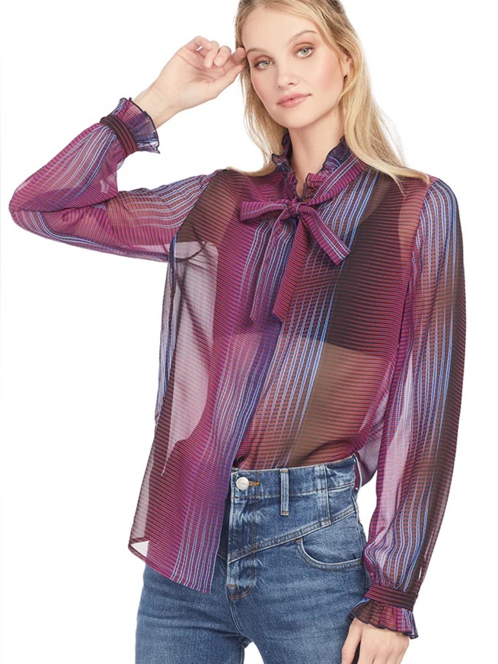 Saloni Emile Women's Bow-Tie Long Sleeve Blouse - Burgundy Pink Striped